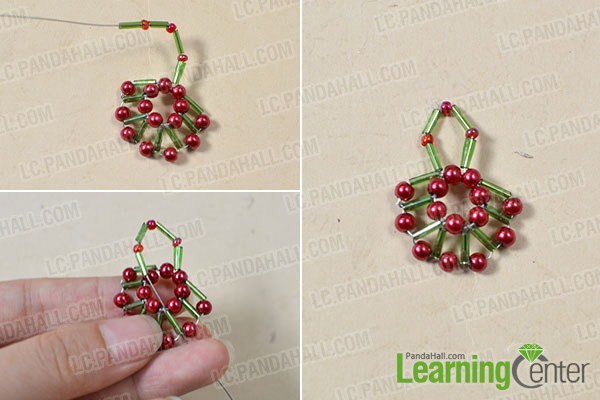 thread a green bugle bead and a red pearl bead successively