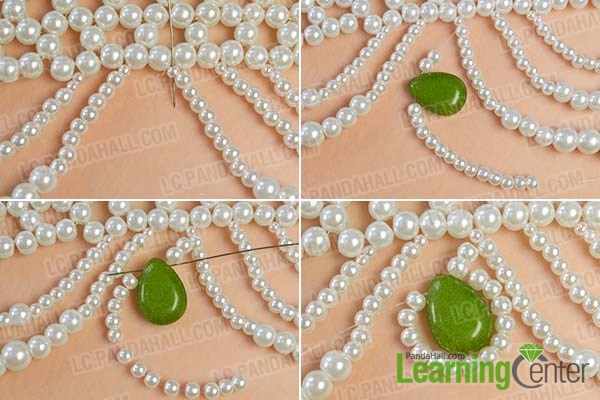Add olive drab jade drop bead to the peal bead necklace