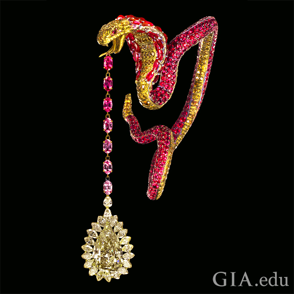 Wallace Chan’s Polaris Light earring featuring rubies, pink sapphires and a pear-shaped diamond drop.