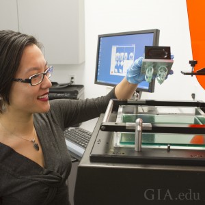 Students in GIA’s Jewelry Design & Technology classroom learn how to use CAD/CAM software and 3D printers as a rapid prototyping system to design and manufacture jewelry. Copyright: GIA