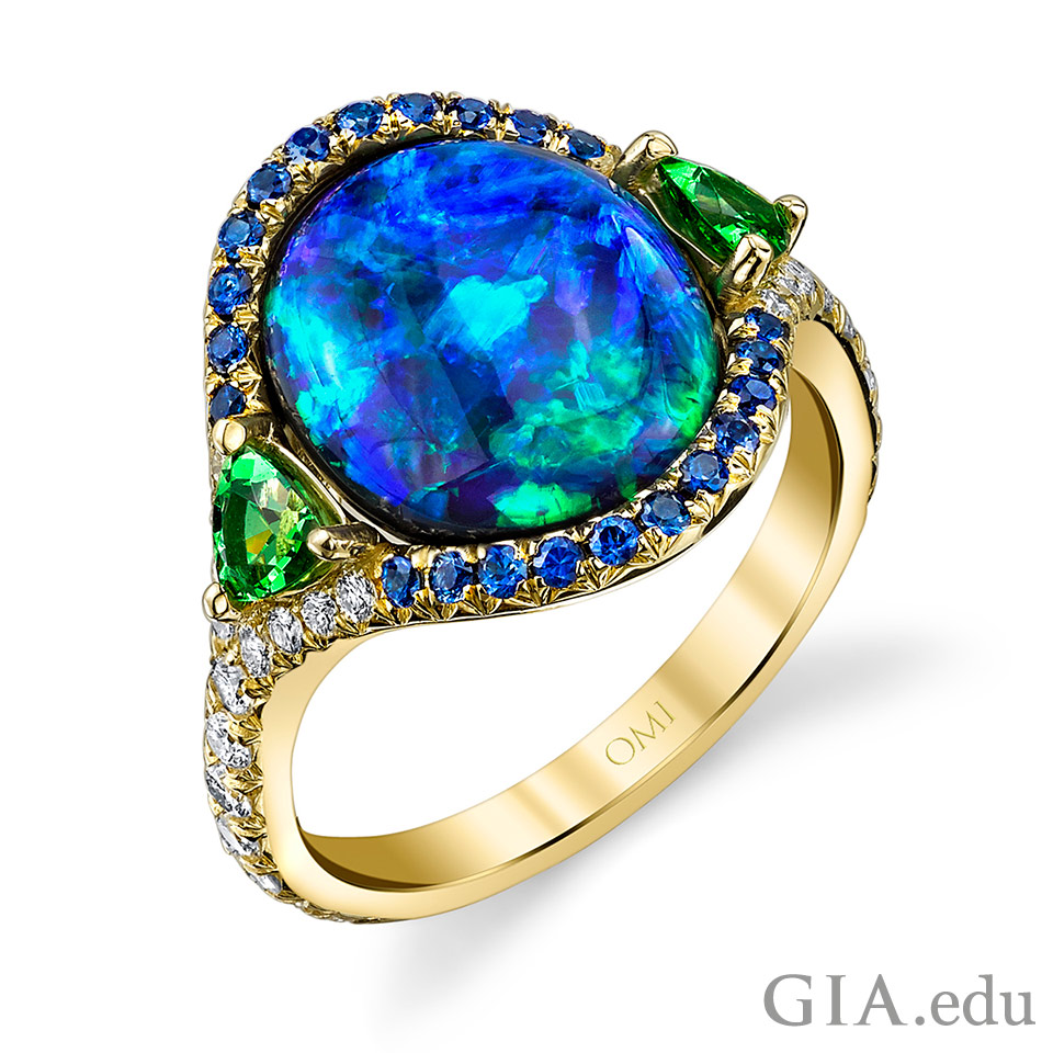 14th wedding anniversary gemstone opal, tsavorite garnet, sapphire and diamond ring