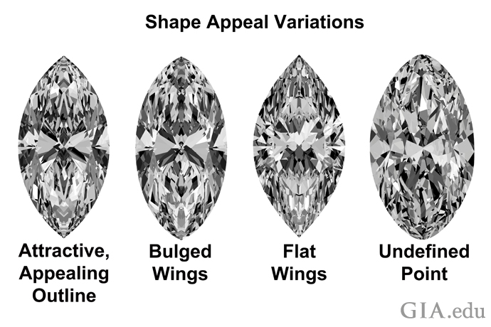 4 marquise cut diamonds with variations in shape that can affect the diamond’s over all appeal.
