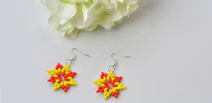 How to Make a Pair of Orange and Yellow 2-hole Seed Bead Snowflake Earrings 