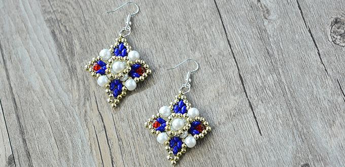 How to Make Delicate Beading Square Earrings with Pearl and 2-Hole Seed Beads 