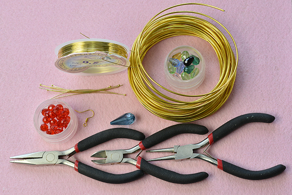 supplies needed in DIY golden wire and glass bead earrings
