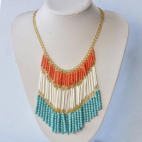 final look of the turquoise bead, bugle bead and seed bead tassel chain necklace