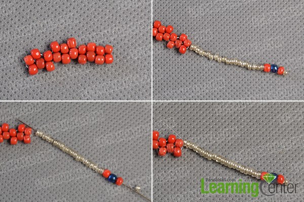 Step 3: Start to slide silver seed beads and iris round seed beads 