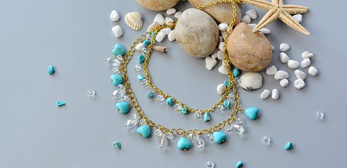 Instruction on How to Make Chain Necklace with Glass Beads and Heart Turquoise Beads