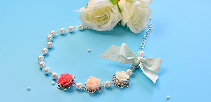 How to Make a Beaded Flower Necklace with White Pearl Beads and Ribbon Bowknot