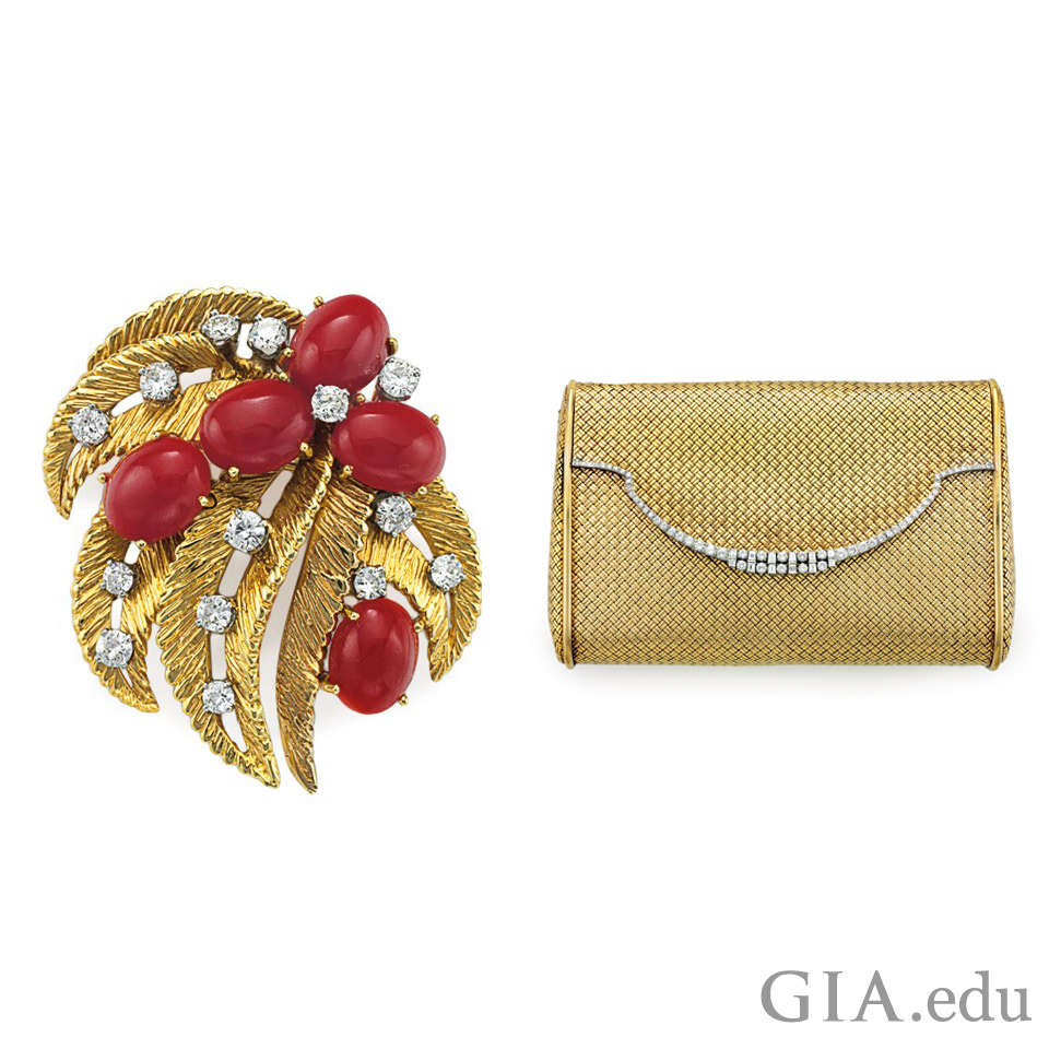 A brooch featuring a red coral and diamonds mounted in platinum and 18K gold (left) and an 18K gold basket weave bag with a diamond clasp