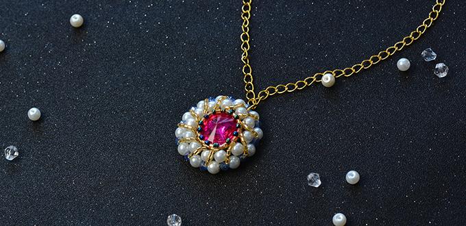 How to Make Delicate Pendant Necklace Decorated with Pearl and Rhinestone Cabochon 