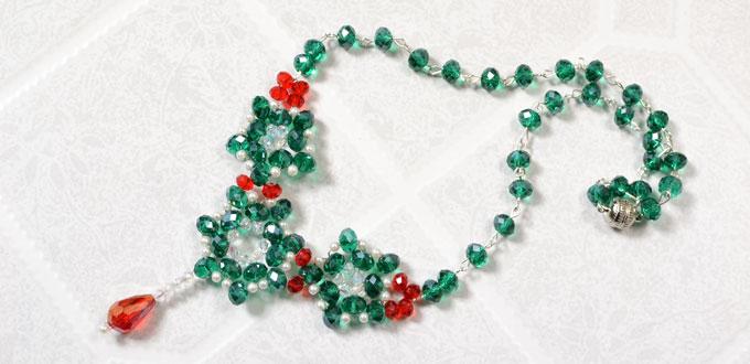 How to Make a Green and Red Glass Beaded Flower Statement Necklace with Crystal Drop 