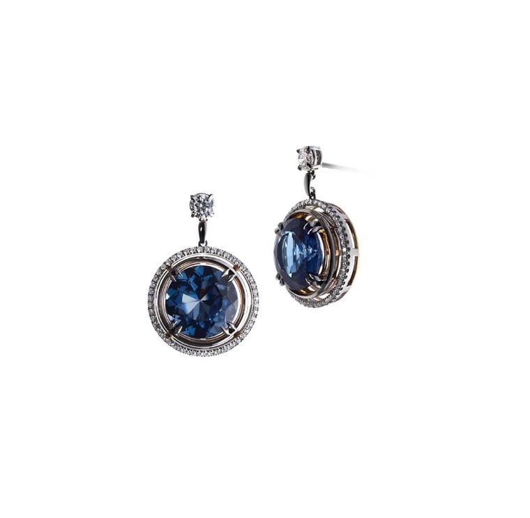 Alexandra Mor limited edition London earrings, set with 14.36ct blue topaz, suspended from a pair of brilliant-cut diamonds.