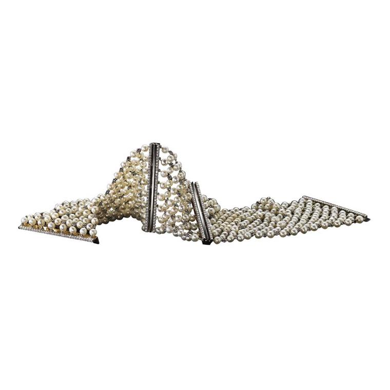 Limited edition Alexandra Mor pearl-mesh and diamond cuff bracelet.