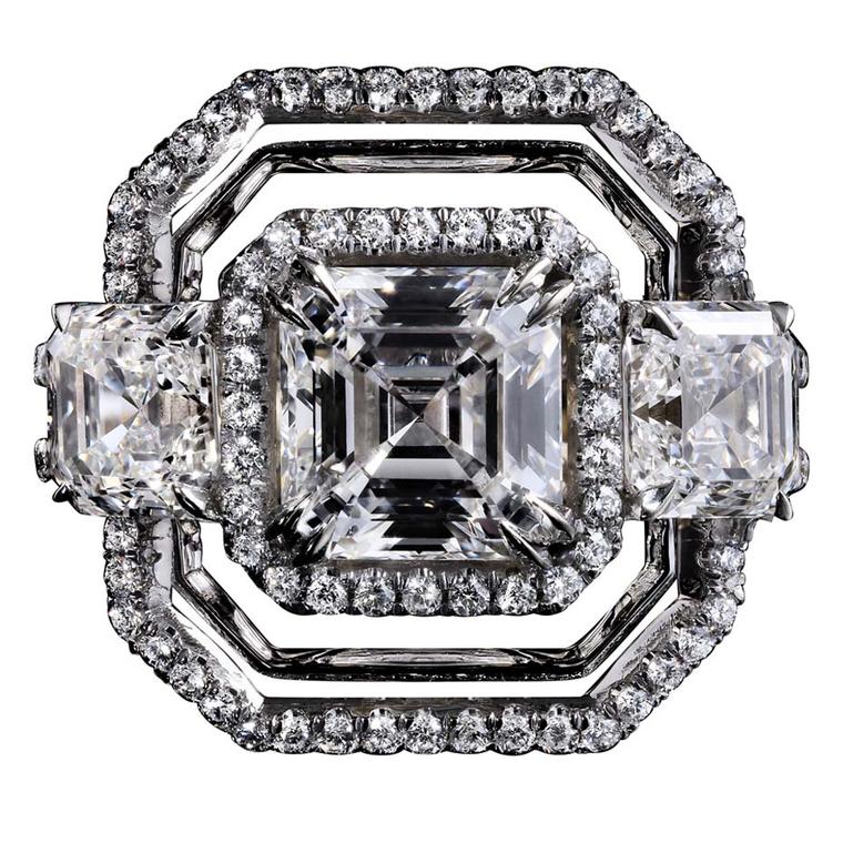 Limited edition three-stone platinum Alexandra Mor ring with a 2.10ct Asscher-cut diamond flanked by matching Asscher-cut diamonds
