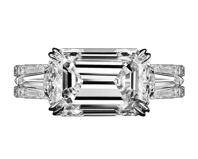 Alexandra Mor floating baguette-cut diamond engagement ring in platinum and yellow gold, from the new Vows collection.