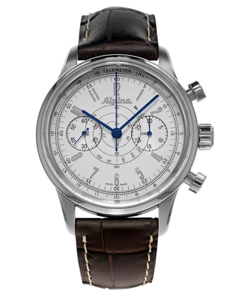 Alpina's vintage-style 130 Heritage Pilot Chronograph features a bi-compax layout complemented with telemetre and tachymetre scales marking it as a professional aviation companion (£2,100).