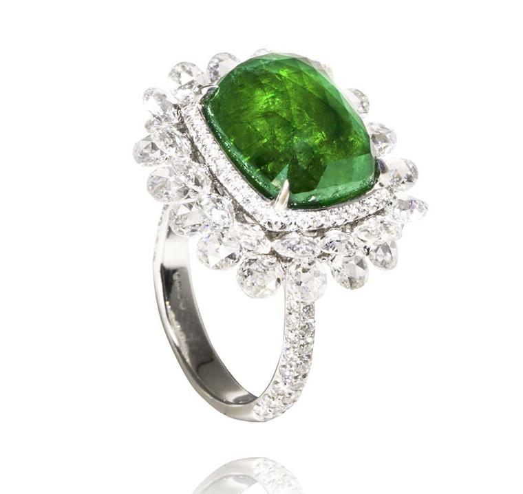 Amrapali emerald ring with diamonds in white gold.