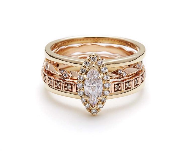 Anna Sheffield Attelage Marquise Diamond Bridal Set with a central marquise-cut diamond encircled with prong-set diamonds on a double-banded harness ring in rose gold