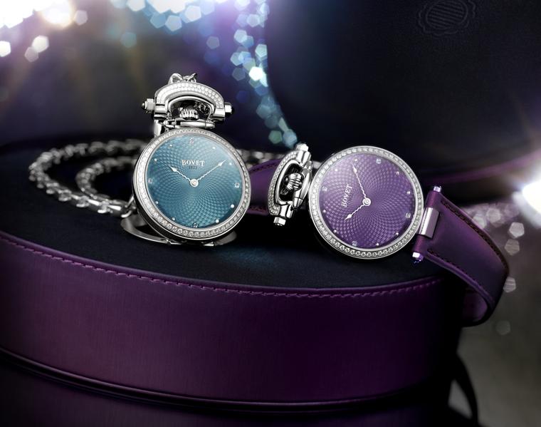 Bovet's Amadeo® Fleurier 36 Miss Audrey watches, with their magnificent guilloché lacquered dials, are the lightest in the Fleurier collection, which allows them to be worn comfortably as a pendant