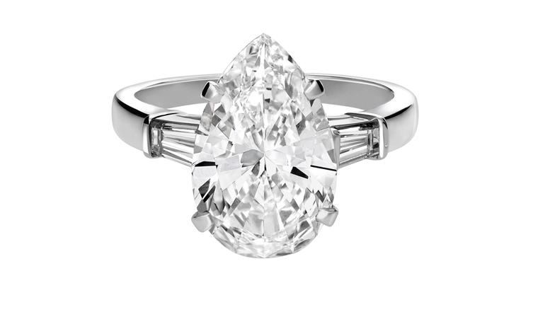 BULGARI, Ring in platinum 1 pear shaped diamond, 2 tapered baguette diamonds. POA