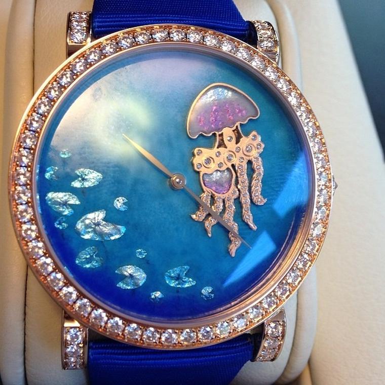 DeLaneau Jellyfish watch featuring a hand-painted enamel dial and diamond bezel