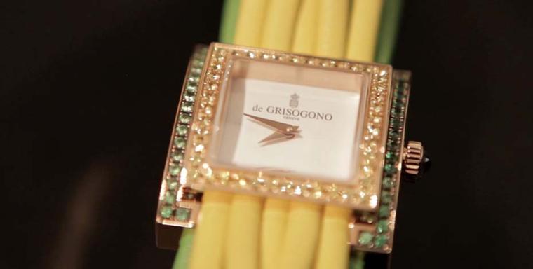 De Grisogono Allegra collection watch with a canary yellow multi-strand leather bracelet