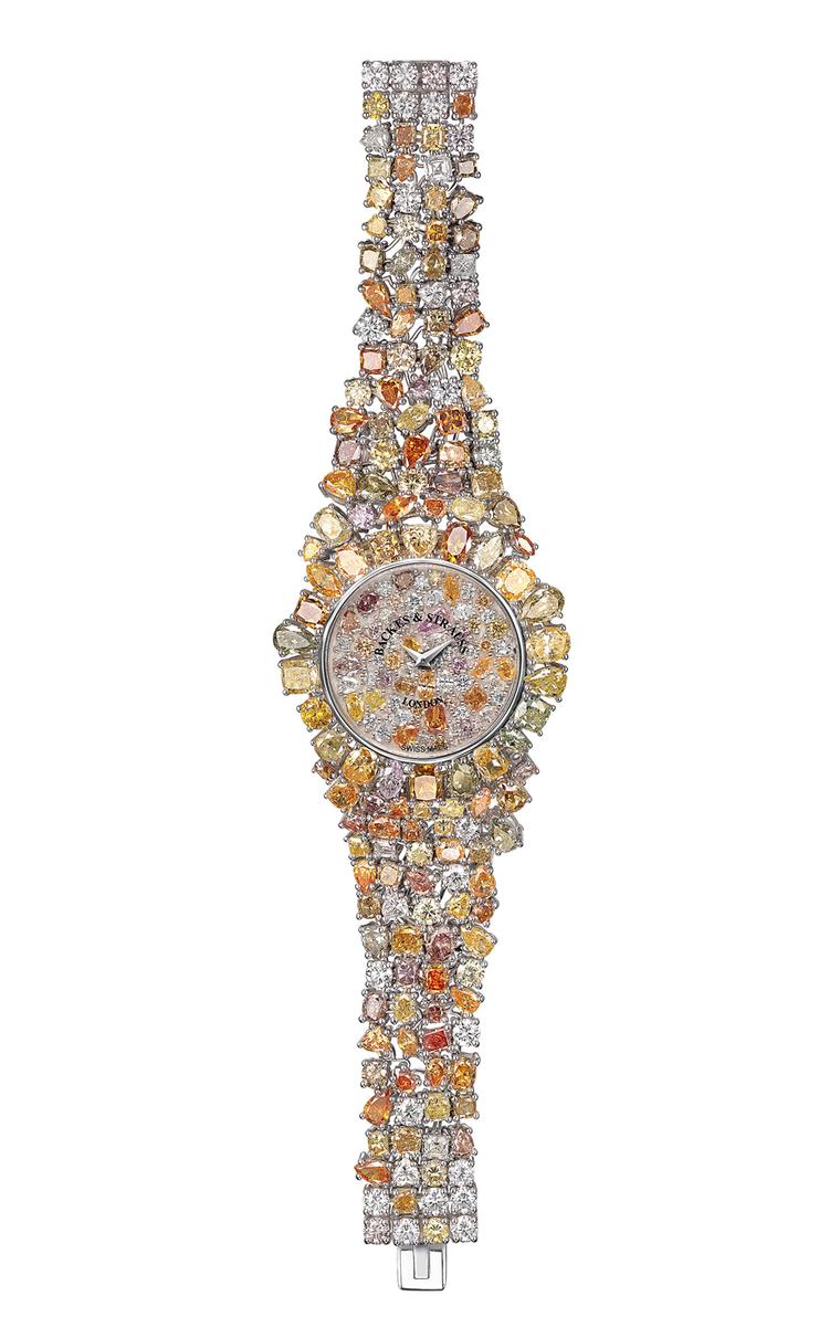 Adding to the illusion of a starburst of colour and light, 10 different cuts of diamonds have been used in Backes & Strauss' Piccadilly Princess Royal Colours watch