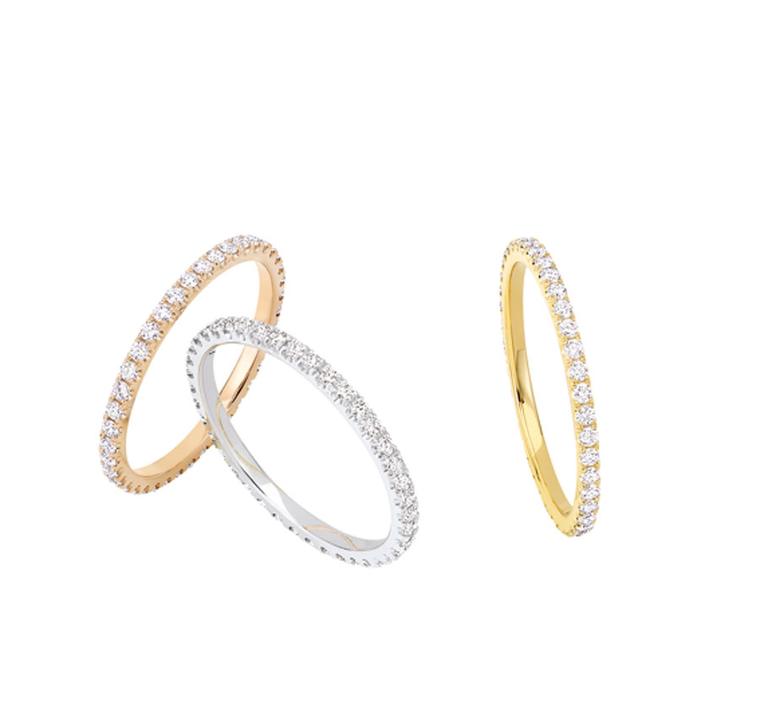 Chaumet Bee My Love stacking rings in white, yellow and pink gold with pavé diamonds.