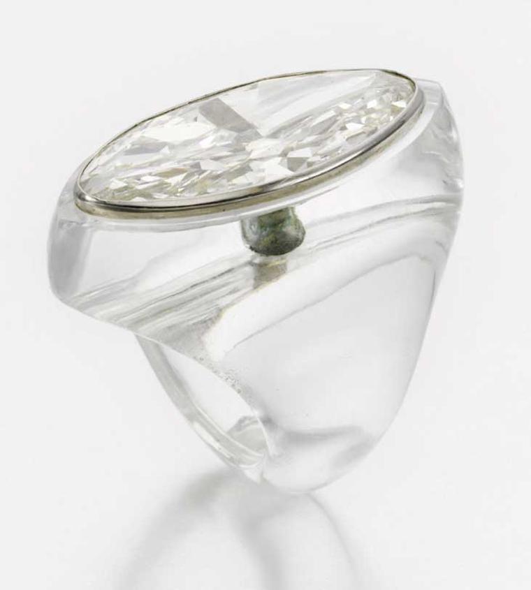 Suzanne Belperron carved rock crystal ring, inset with a large navette diamond. It sold for 464,500 CHF at Sotheby's Geneva in 2012, shattering its estimate of 45,000 - 72,000 CHF.