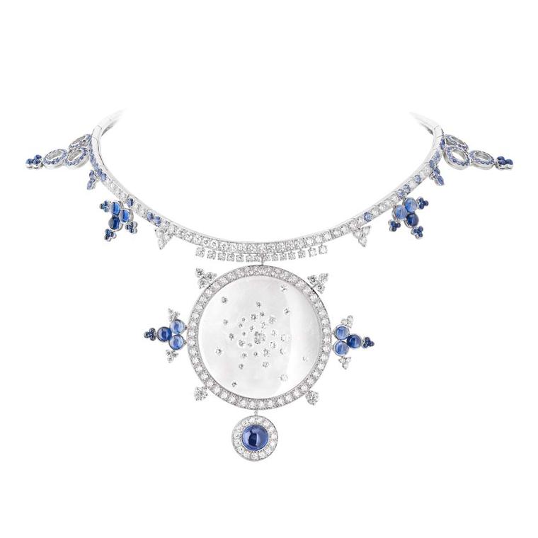 Boucheron Rives du Japon collection Ricochet necklace, crafted from rock crystal, diamonds and sapphires, reminds us of the fleeting circles created by pebbles when hitting the water.