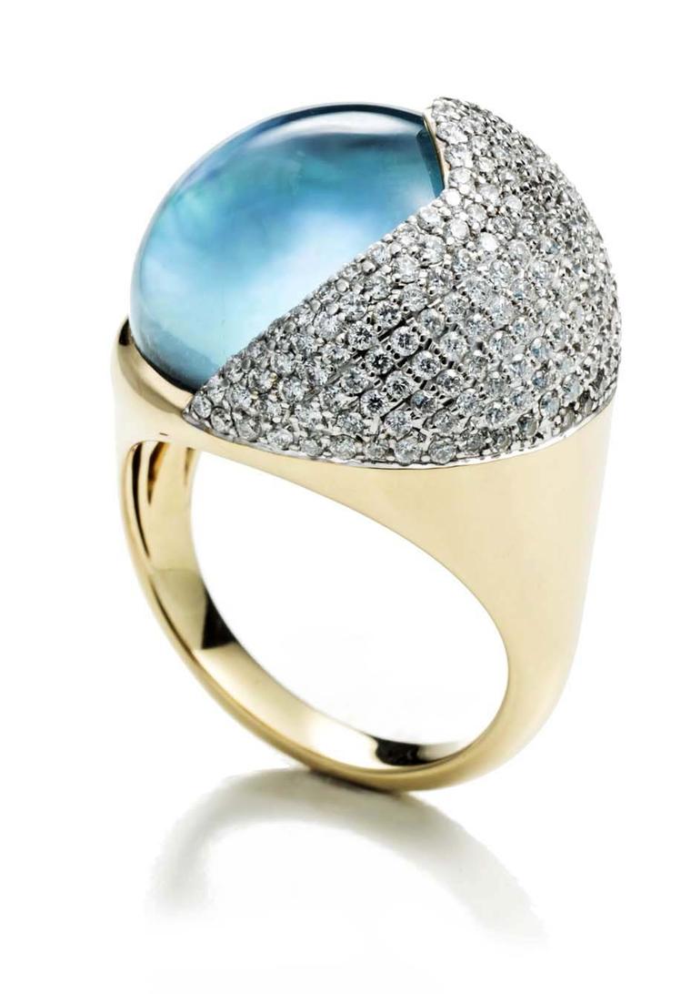 Kara Ross Petra Smooth Contour ring in gold with sky blue topaz and diamonds ($7,500).