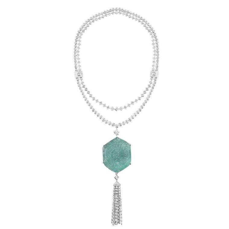 Boucheron Fleur des Indes tassel necklace set with a 188.79ct Moghul emerald dating from the 17th century and originating from Colombia.