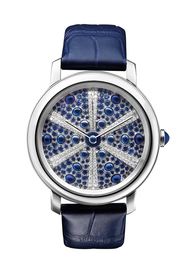 Reminiscent of a sea urchin, the Boucheron Epure Oursin features blue cabochon sapphires and diamonds that decrease in size as they move towards the middle of the dial