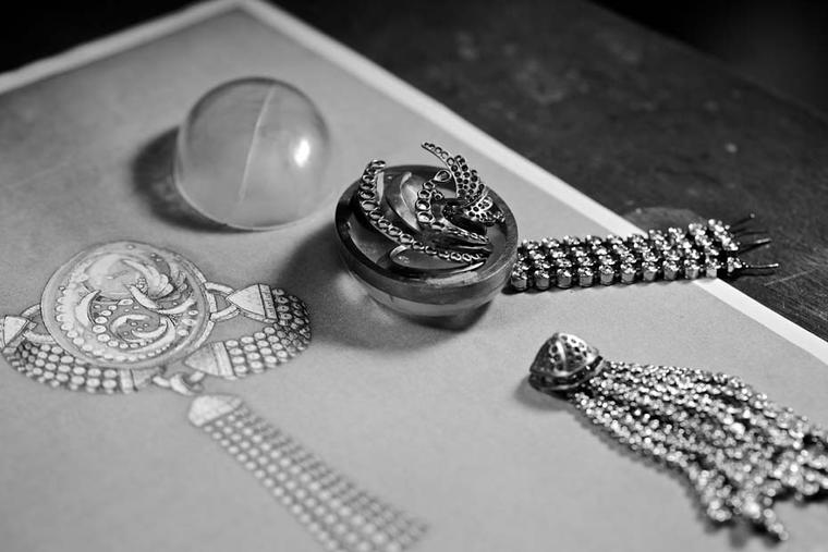 The different elements that make up Boucheron's unique Cristal de Lune jewellery watch, pictured beside the original sketch