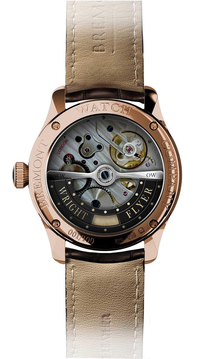The reverse of the Bremont The Wright Flyer in rose gold, launched on 23 July 2014. The calibre - the first to be built in-house by British watchmaker Bremont - is stamped 'London'.