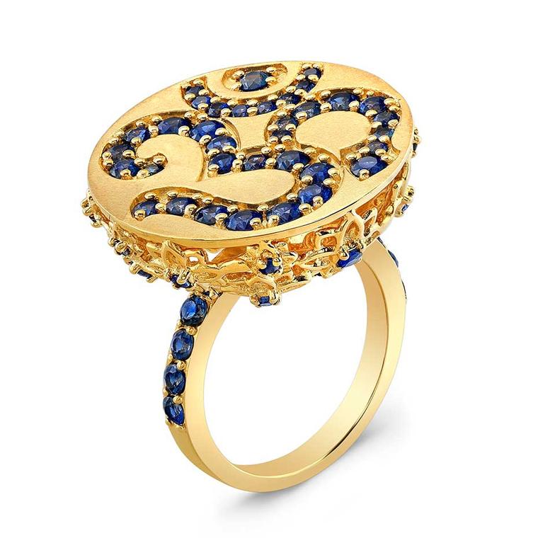 Buddha Mama Om gold ring with sapphires.