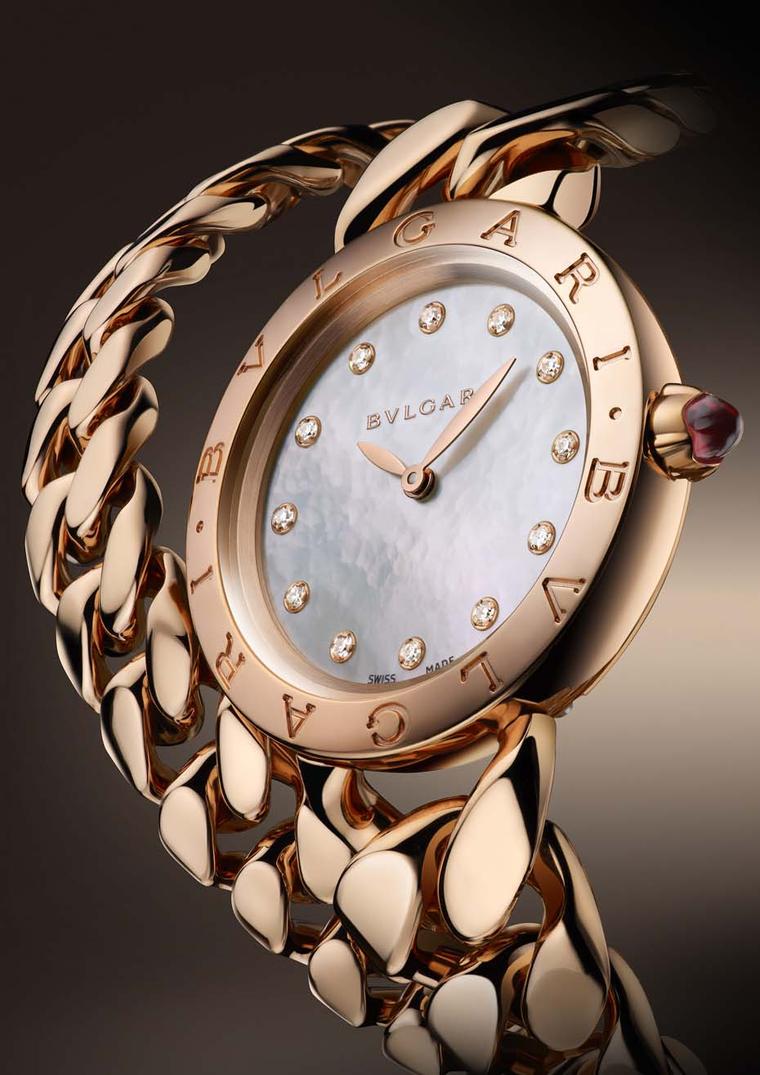 The new Bulgari Catene bracelet watch features a white mother-of-pearl dial set with 12 brilliant-cut diamonds.