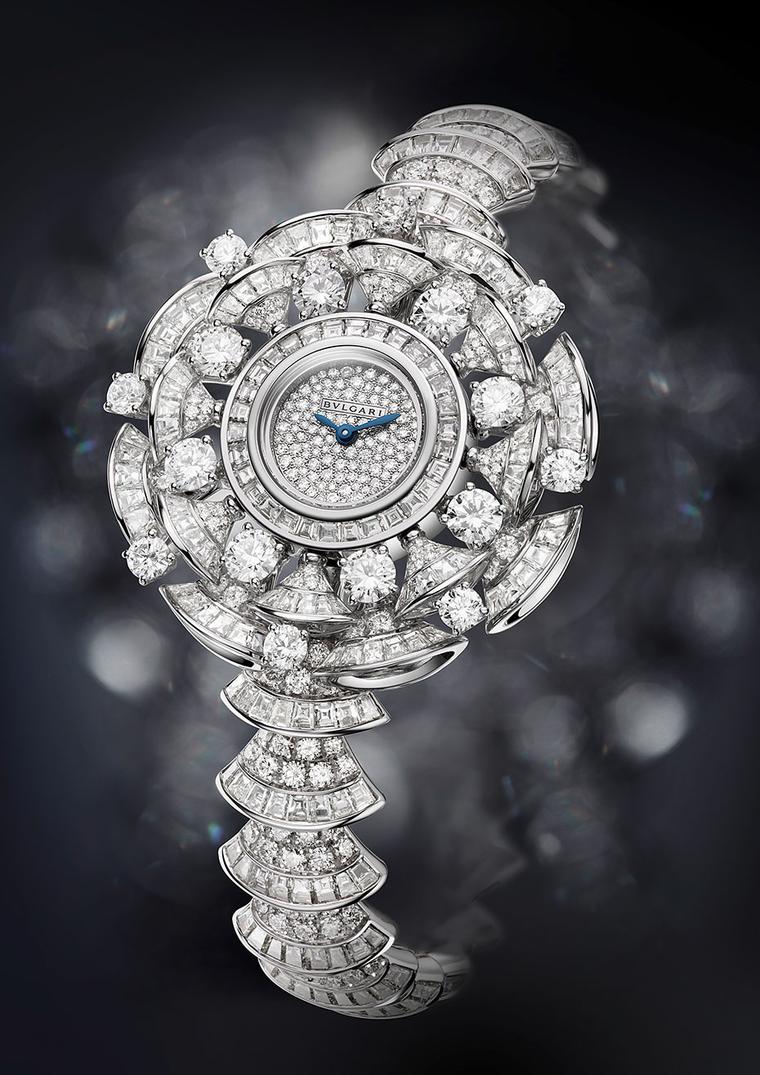 Bulgari Diva watch features 302 baguette-cut diamonds, 16 round-cut diamonds and 394 brilliant-cut diamonds adding up to 22.62ct.Bulgari Diva watch features 302 baguette-cut diamonds, 16 round-cut diamonds and 394 brilliant-cut diamonds adding up to 22.62