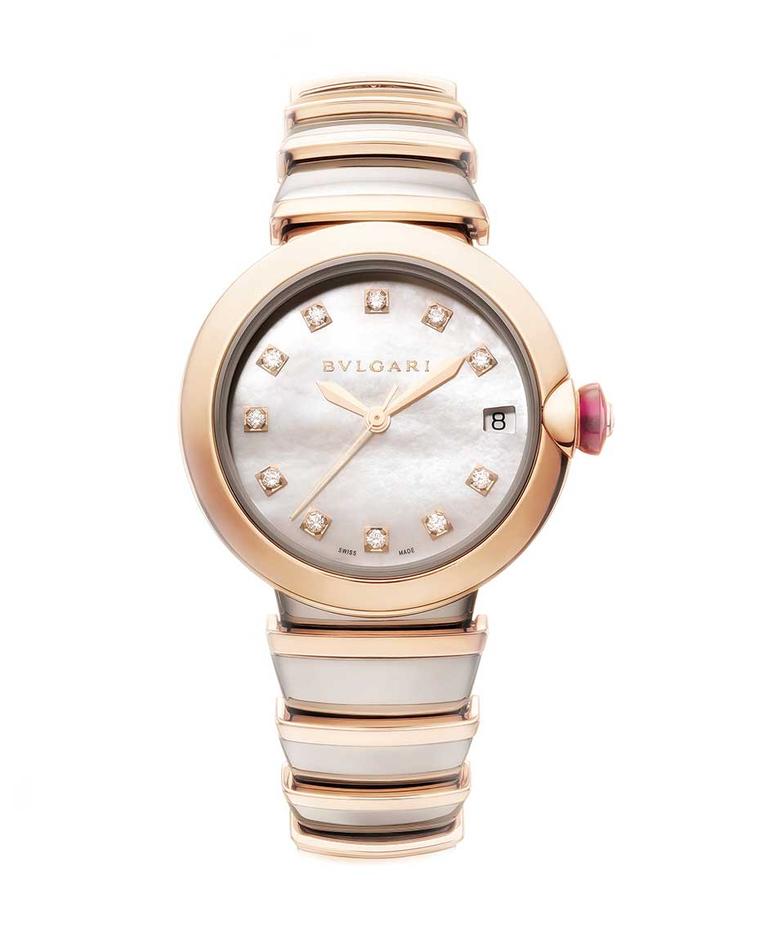 The Bulgari Lucea is the Roman jeweller's latest watch for women. This model has a pink gold and steel case and bracelet, mother-of-pearl dial, diamond hour markers and a pink gold crown set with a cabochon-cut pink gemstone and diamond
