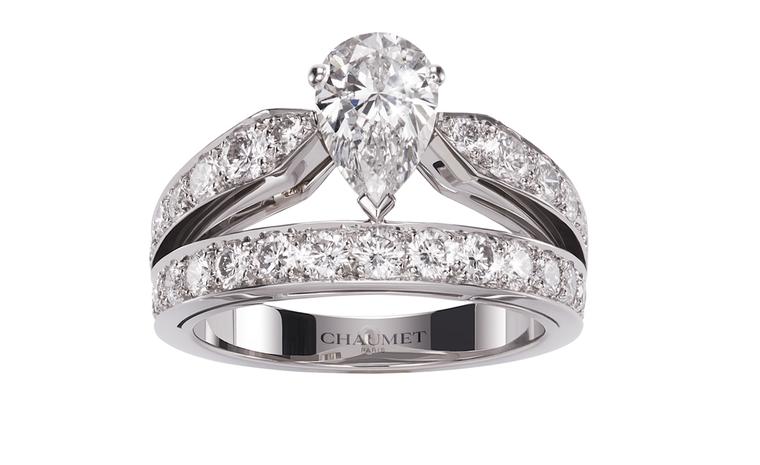 CHAUMET, Josephine collection, Tiara platinum ring set with a pear cut diamond. POA