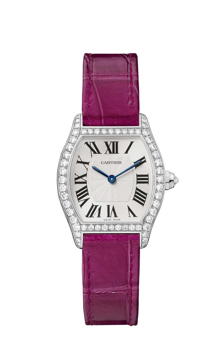 The Cartier Tortue small model in white gold features diamonds and an alligator skin bracelet