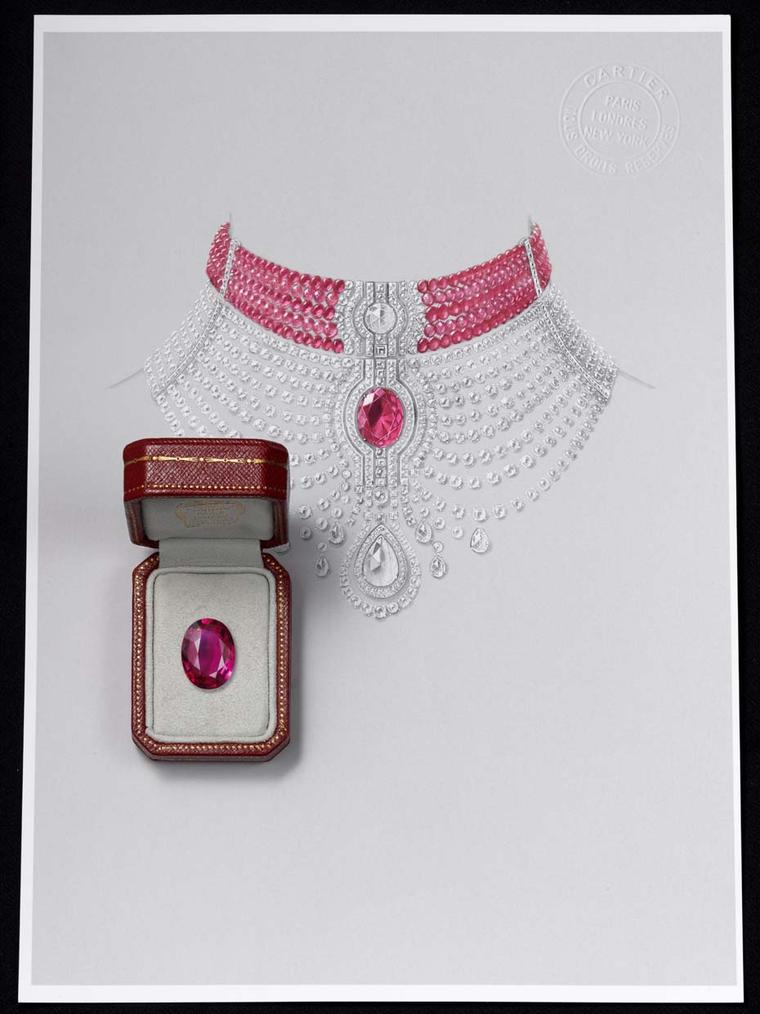 The Cartier Reine Makéda ruby necklace, displayed at the 2014 Biennale de Paris, can also be worn as two separate pieces of jewellery: a ruby choker and a diamond necklace.