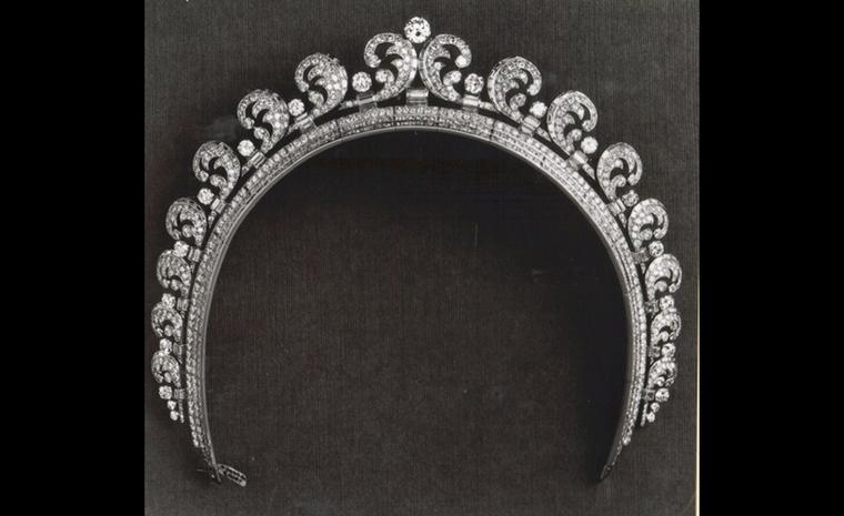 The Cartier Halo diamond tiara worn by Kate Middleton on the occasion of her wedding to Prince William. The tiara was made in Cartier's London workshops and is set with almost 800 diamonds.