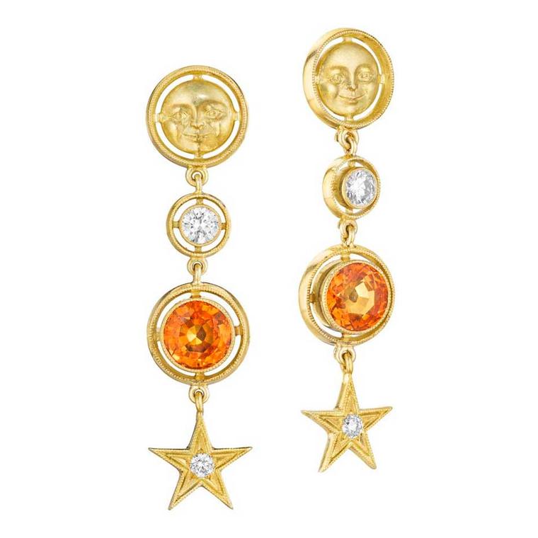 Anthony Lent Moonface earrings in gold, set with mandarin garnets, spessartite garnets and diamonds, from the Celestial collection.