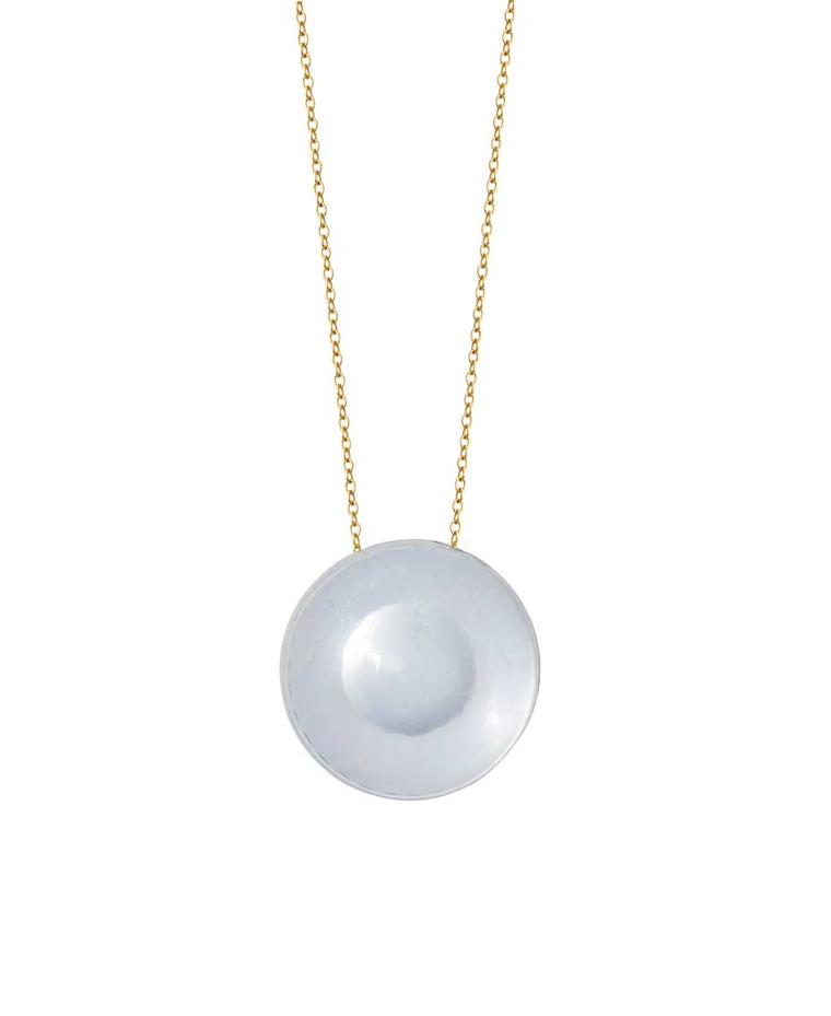 Noor Fares Dora pendant featuring a rock crystal quartz sphere set in grey gold with white diamonds, from the new Tilsam collection.