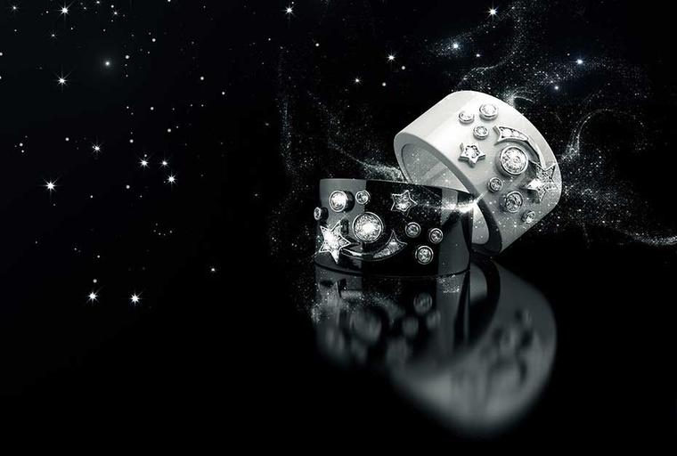 The new Chanel fine jewellery collection Cosmique de Chanel combines the maison’s iconic star and comet motifs with cool black and white ceramic.