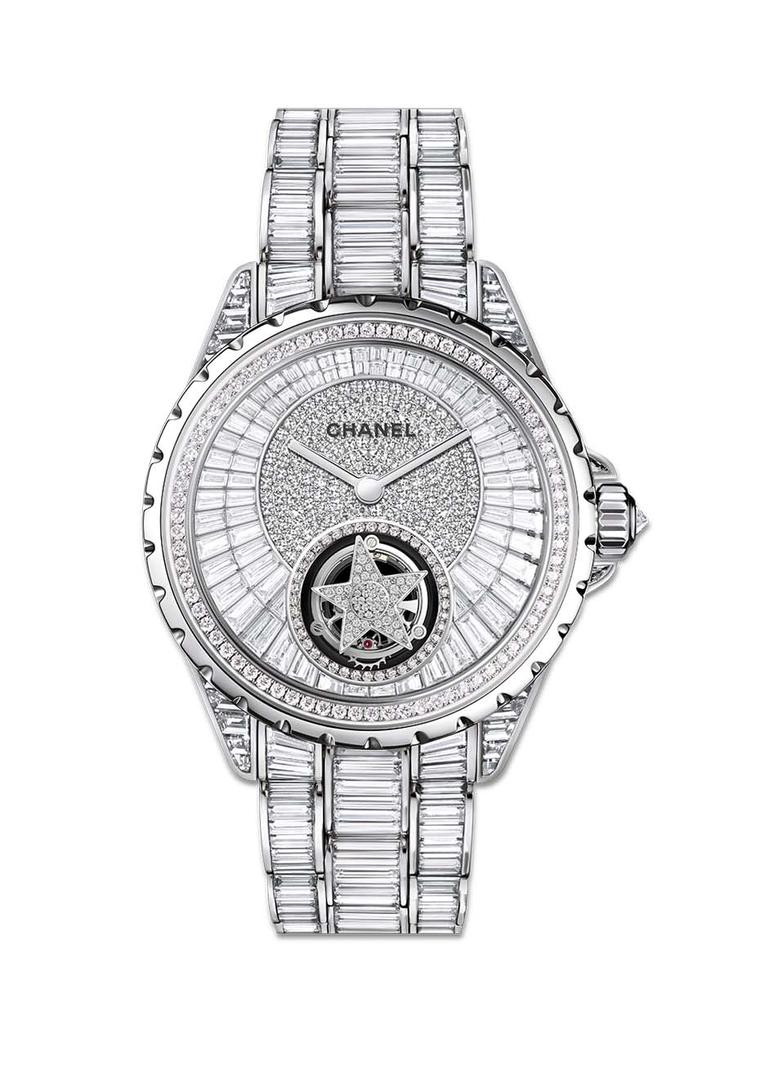 The Chanel J12 Flying Tourbillon is worth a cool €1 million. The precision-regulating tourbillon, which rotates once a minute, is used to set a diamond star spinning on the dial of the watch, surrounded by baguette-cut diamonds on the dial, case and brace
