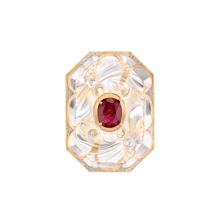Chanel Café Society Vendome San Marco ring in white and yellow gold, with a Burmese ruby and brilliant-cut diamonds set into rock crystal.