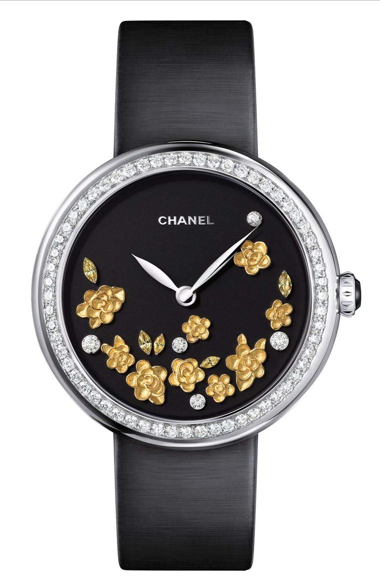 Chanel Mademoiselle Privé Gold Camellia Motif watch in white gold, with hand-engraved yellow gold camellias, diamonds and yellow sapphires on the dial and 60 brilliant-cut diamonds around the bezel